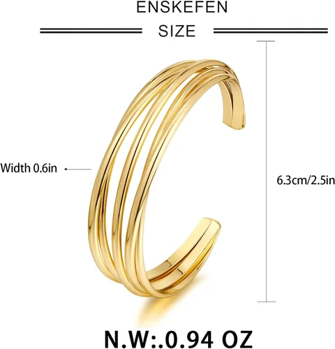 Vista 6 de ENSKEFEN Pulsera dorada para mujer, gruesa y multicapa, con alambre cruzado abierto, hueco, ancho, ajustable, color dorado