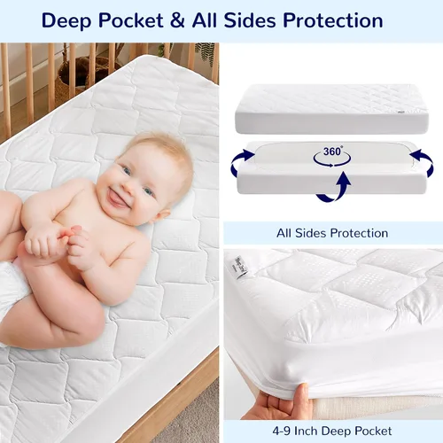 Vista 5 de SLEEP ZONE Paquete de 2 protectores de colchón impermeables para cuna, elástico ajustable tamaño individual, ultra suave y transpirable, lavable a