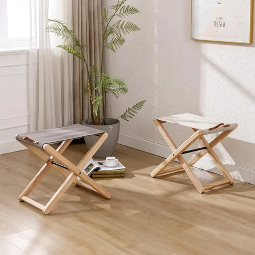 Vista 8 de Juego de 2 taburetes plegables de madera, de madera dura, de 18.5 pulgadas, taburete plegable portátil de pesca con soporte de metal resistente