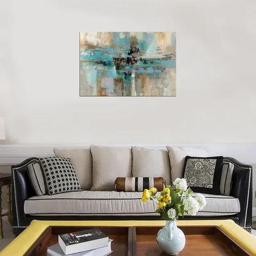 Vista 4 de DZL Art A74769 - Impresiones en lienzo abstractas para pared, pinturas artísticas azules y marrones, lienzo estirado de madera, enmarcado para sala