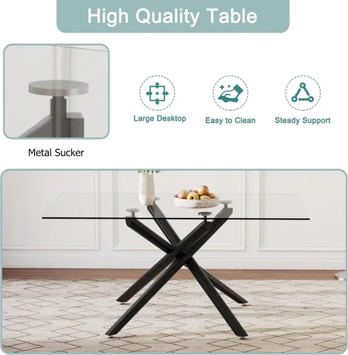 Vista 7 de Mesa de comedor rectangular de cristal minimalista grande y moderna para 6 y 8 pulgadas con mesa de vidrio templado de 0.39 pulgadas y patas