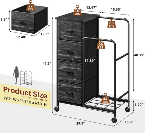 Vista 2 de Romorgniz Cómoda 3 en 1 con estante para colgar, 4 cajones de tela con doble perchero y ruedas, organizador alto de armario para dormitorio, Negro