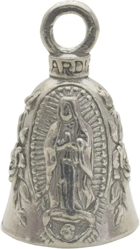 Vista 22 de Guardian Bell Campana religiosa de buena suerte con llavero y bolsa de regalo de terciopelo negro Campana de motocicleta Peltre sin plomo