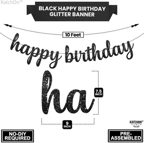 Vista 2 de Cartel cursivo negro de feliz cumpleaños – pre-encordado, 10 pies Decoraciones de feliz cumpleaños con purpurina para mujeres, hombres, niños