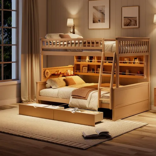 Vista 7 de SOFTSEA Full XL Over Queen Wooden Bunk Bed with Drawers and LED, Beige