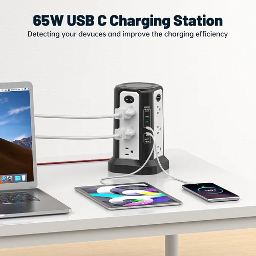 Vista 4 de PD65W USB C Estación de carga rápida de escritorio, regleta de alimentación PASSUS con 12 salidas de CA 4 USB C 1 USB A, cable de extensión