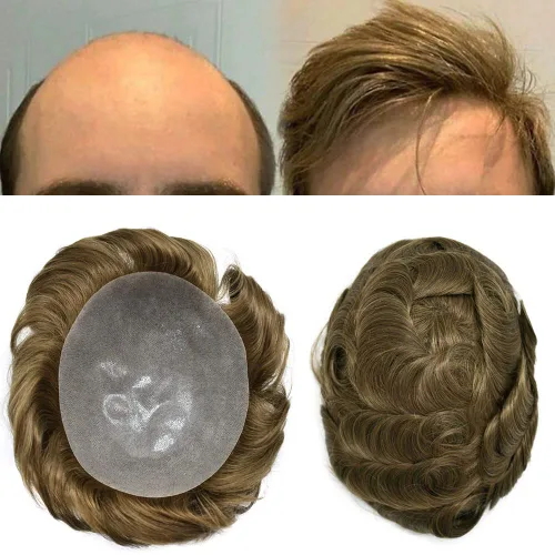 Vista 11 de PU Toupee para hombres pieza de pelo real sistema de reemplazo de cabello humano para hombres Toupee pieza de pelo para hombres piel polivinílica