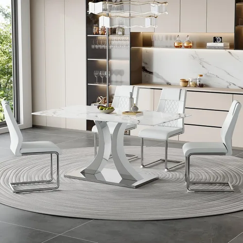 Vista 18 de Juego de mesa de comedor de mármol para 4, moderna mesa de oro blanco de 63 pulgadas con patas de marco de forma intercambiable y sillas de comedor