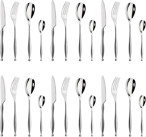 Vista 11 de JASHII Juego de cubiertos de acero inoxidable 304 de 24 piezas de cubiertos plateados de lujo con mango plano único, cucharadas y tenedores