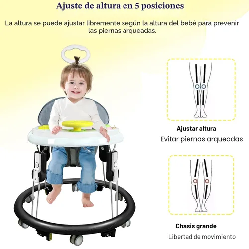 Vista 5 de Andador plegable para bebés con ruedas, caminantes portátiles 5 en 1 para Altura ajustable, bandeja de música, 2 asientos lavables, reposapiés