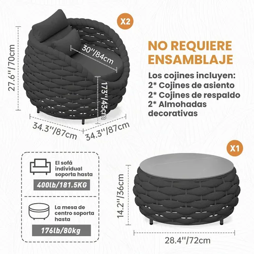 Vista 7 de Juego de muebles de cubierta: 3 piezas de sofá de conversación de patio de cuerda tejida de aluminio para 2, cómodos cojines para sofá y mesa
