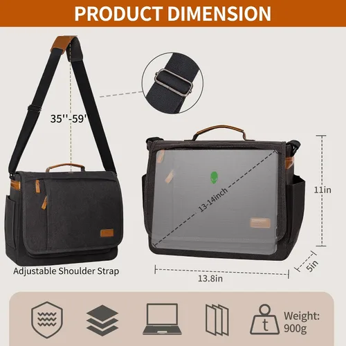 Vista 7 de ESTARER Bolsa de mensajero para laptop de 13 a 14 pulgadas, resistente al agua, bolsa de hombro de lona para universidad de negocios, gris