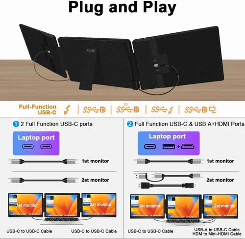 Vista 7 de Extensor de pantalla para laptop de 14 pulgadas, monitor portátil FHD 1200P IPS para portátiles de 12 a 16.5 pulgadas, extensor de monitor