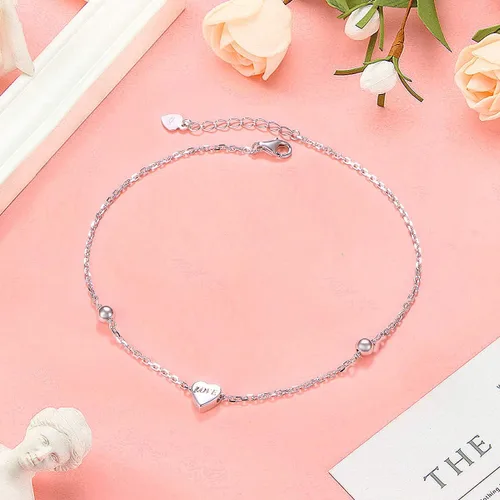 Vista 6 de Ladytree Tobillera para mujer de plata de ley 925 ajustable con cuentas de corazón y circonita cúbica