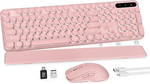Vista 17 de Combo de teclado y mouse inalámbricos, teclado retro con teclas redondas, teclado estilo máquina de escribir de tamaño completo con reposamuñecas