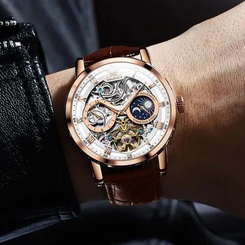 Vista 3 de OLEVS Relojes automáticos para hombre, esqueleto Tourbillon, cuerda automática, mecánica, correa de cuero auténtico, reloj de pulsera de lujo, sol