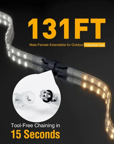 Vista 3 de Shine Decor Tira de luces LED Plus CA 120V, cuerda brillante de doble fila conectable, ETL IP65 impermeable y resistente a la intemperie para Blanco