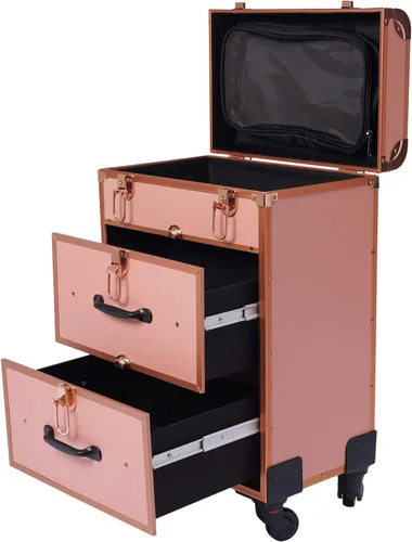 Vista 15 de Estuche de maquillaje con ruedas para cosméticos, carrito grande para cosméticos con cerraduras, organizador de almacenamiento de cosméticos, Negro