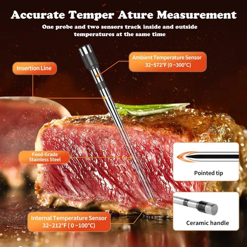 Vista 2 de Termómetro Inalámbrico para Carne - Termómetro Digital para Alimentos con Múltiples Sensores con Sonda Ultra-Delgada, Termómetro Inteligente
