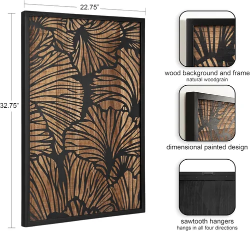 Vista 2 de Kate and Laurel Sago - Placa decorativa moderna de madera, 23 x 33 pulgadas, negro y marrón rústico, arte de pared floral de madera pintada
