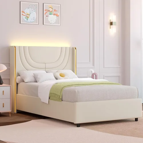 Vista 8 de REVOMINCA Base de cama individual con luces LED, plataforma tapizada de piel sintética con cabecera de ala plateada, estilo moderno, no necesita