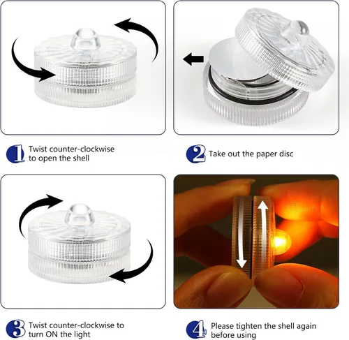Vista 6 de Luces LED sumergibles, color morado, impermeables, sin llama, velas de té, velas de té, 100 horas, luz LED subacuática pequeña para jarrón, mesa