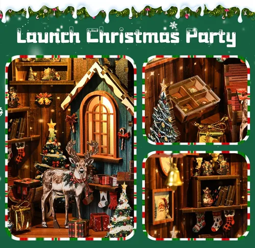 Vista 6 de Kits de rincón de libros de Navidad para adultos, rompecabezas de madera 3D, kit de casa en miniatura para decoración de estantería con luces LED
