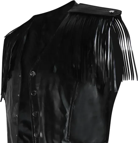 Vista 4 de Fringe Vest Costume Fringe Top For Men Leather Black 80s Disco Hippie Sleeveless Open Front Jacket Halloween Cosplay