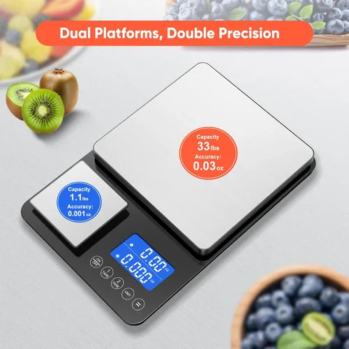 Vista 8 de Báscula de cocina de doble plataforma de 0.001 onzas / 33 libras, báscula digital de alimentos con dos superficies de precisión, pantalla LCD, 7