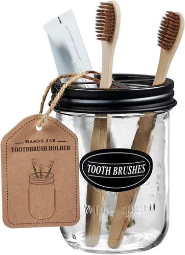 Vista 2 de Mason Jar - Soporte para cepillos de dientes, color negro con tarro Mason de 16 onzas Premium Rustproof 304 Stainless Steel Lid and Chalkboard
