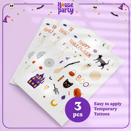Vista 2 de HOUSE OF PARTY Tatuajes temporales de Halloween para niños, paquete de 108, tatuajes que brillan en la oscuridad, calcomanías impermeables