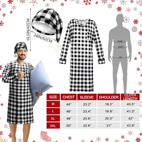 Vista 2 de Conjunto de camisa de dormir y gorro de dormir de manga larga para hombre con diseño de cuadros navideños y gorro de dormir con pompones