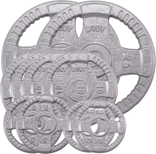 Vista 10 de Body-Solid Juego de discos olímpicos de hierro fundido con diseño de agarre cuádruple, pesas libres, placas de mancuernas, agujero estándar de 2