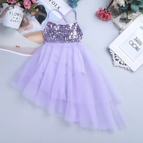 Vista 7 de TiaoBug Niñas Lentejuelas Dobladillo Irregular Baile Latino Traje Lírico Ballet Vestido Leotardo Falda Gasa Brillante Hada Danza