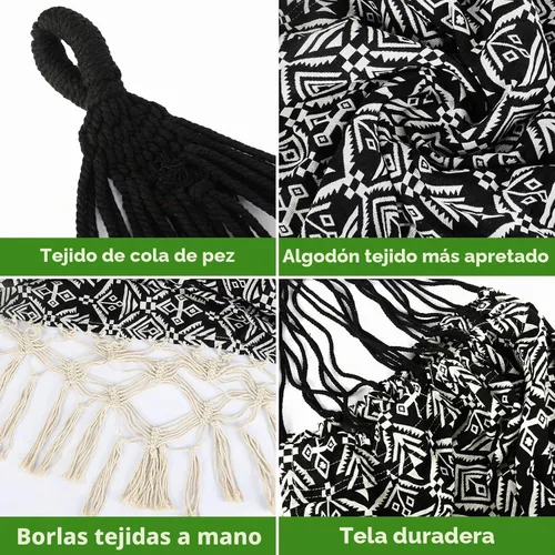 Vista 2 de Hamaca doble con flecos bohemios a rayas negras con flecos, cama colgante de tela de algodón suave para interiores y exteriores con cuerdas