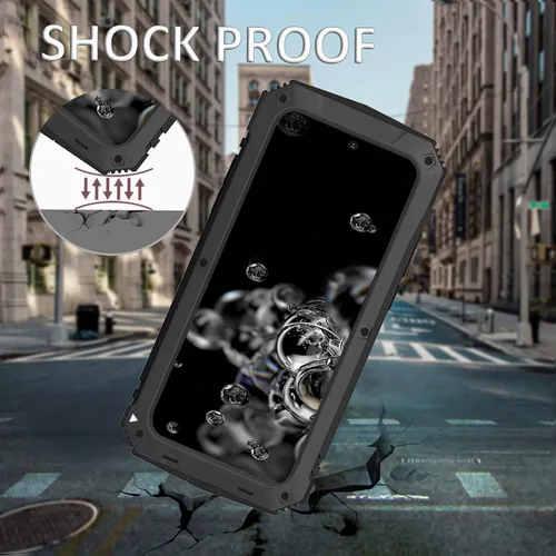 Vista 4 de Simicoo Funda de metal compatible con Samsung Note 20 Ultra con protector de pantalla militar, resistente a prueba de golpes, con soporte para Negro