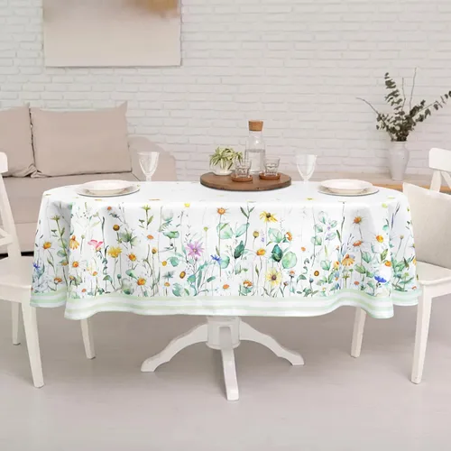 Vista 3 de Mantel ovalado de color verde salvia con margaritas de 54 x 72 pulgadas, mantel floral salvia, impermeable, resistente a las arrugas, mantel ovalado