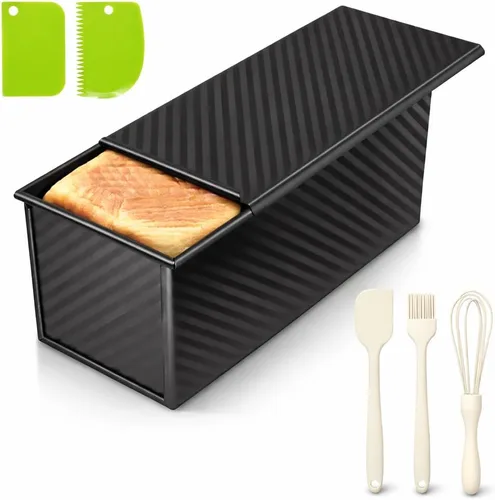 Vista 16 de Paquete de 2 moldes para pan con tapas – Capacidad de masa de 2.2 libras y 1 libra, moldes para pan de acero al carbono antiadherentes para pan