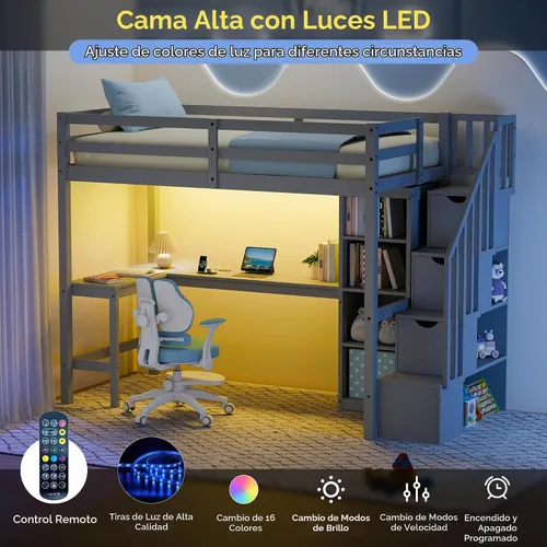 Vista 4 de Xilingol - Cama alta individual con escaleras y escritorio, cama alta de madera maciza, cama alta resistente con escritorio en forma de L, tiras