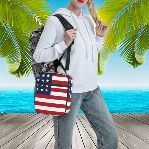 Vista 3 de Lonchera con diseño de bandera estadounidense, bolsas de almuerzo aisladas para mujeres/hombres/niñas/niños, con asa desmontable, bolsa de comida