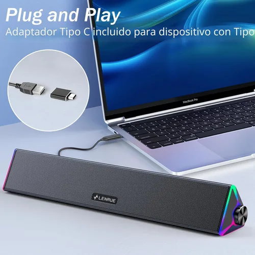 Vista 5 de LENRUE Altavoces de computadora para escritorio, altavoces de PC con un solo USB para alimentación y sonido estéreo, luces táctiles, altavoces