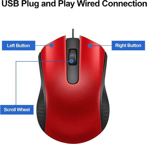 Vista 4 de Ratón de computadora USB con cable con diseño ergonómico, ratones de computadora USB para computadoras portátiles y PC, oficina y hogar (negro, rojo)