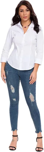 Vista 6 de Camisas con botones para mujer, oficial, formal, manga 34, color blanco, elástica, camisa de vestir de verano