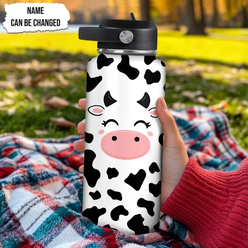 Vista 2 de Hyturtle Botella de agua personalizada de vaca, botella de acero inoxidable aislada con tapa a prueba de fugas, 18 onzas, 32 onzas, regalo