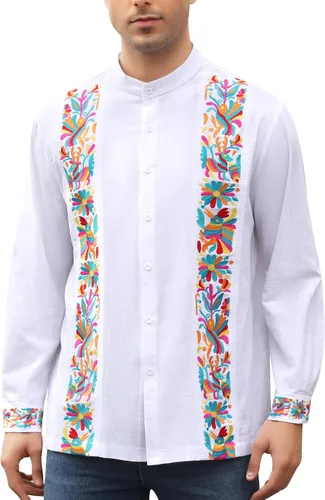 Vista 11 de Camisas mexicanas para hombre, camisa de manga larga bordada con botones y cuello mandarín