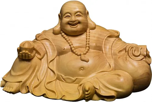 Vista 8 de Estatua de Buda Maitreya Maitreya tallada a mano de boj natural (ventilador de bolsa de tela)