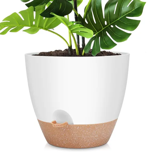 Vista 15 de YNNICO Macetas de 10/9/8/7.5/7 pulgadas, macetas de riego automático con agujeros de drenaje y platillos para plantas de interior y exterior (negro)