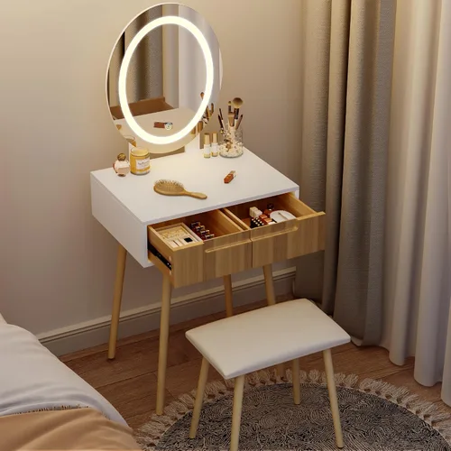 Vista 2 de Tocador pequeño con espejo y luces, tiradores de madera con taburete acolchado, 3 modos de iluminación, mesa redonda de maquillaje con rieles