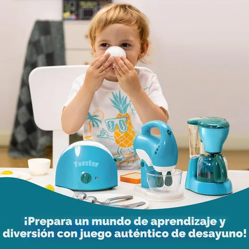 Vista 6 de Joyin Juguetes de cocina para jugar, accesorios de cocina de comida para niñas, juguete con cafetera, mezclador, tostadora con luces y sonidos Azul