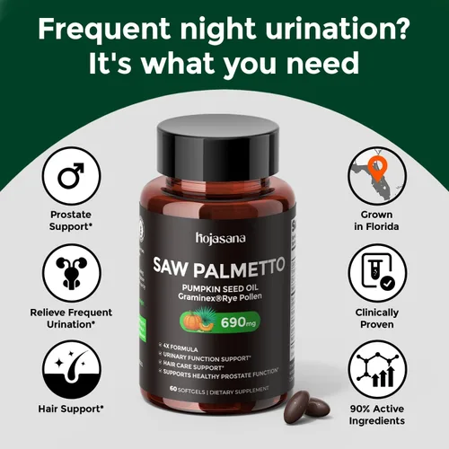 Vista 2 de Suplemento para la salud de la próstata de Saw Palmetto 6 en 1 para hombres mayores de 40 años, 320 mg de grado farmacéutico con Graminex, aceite